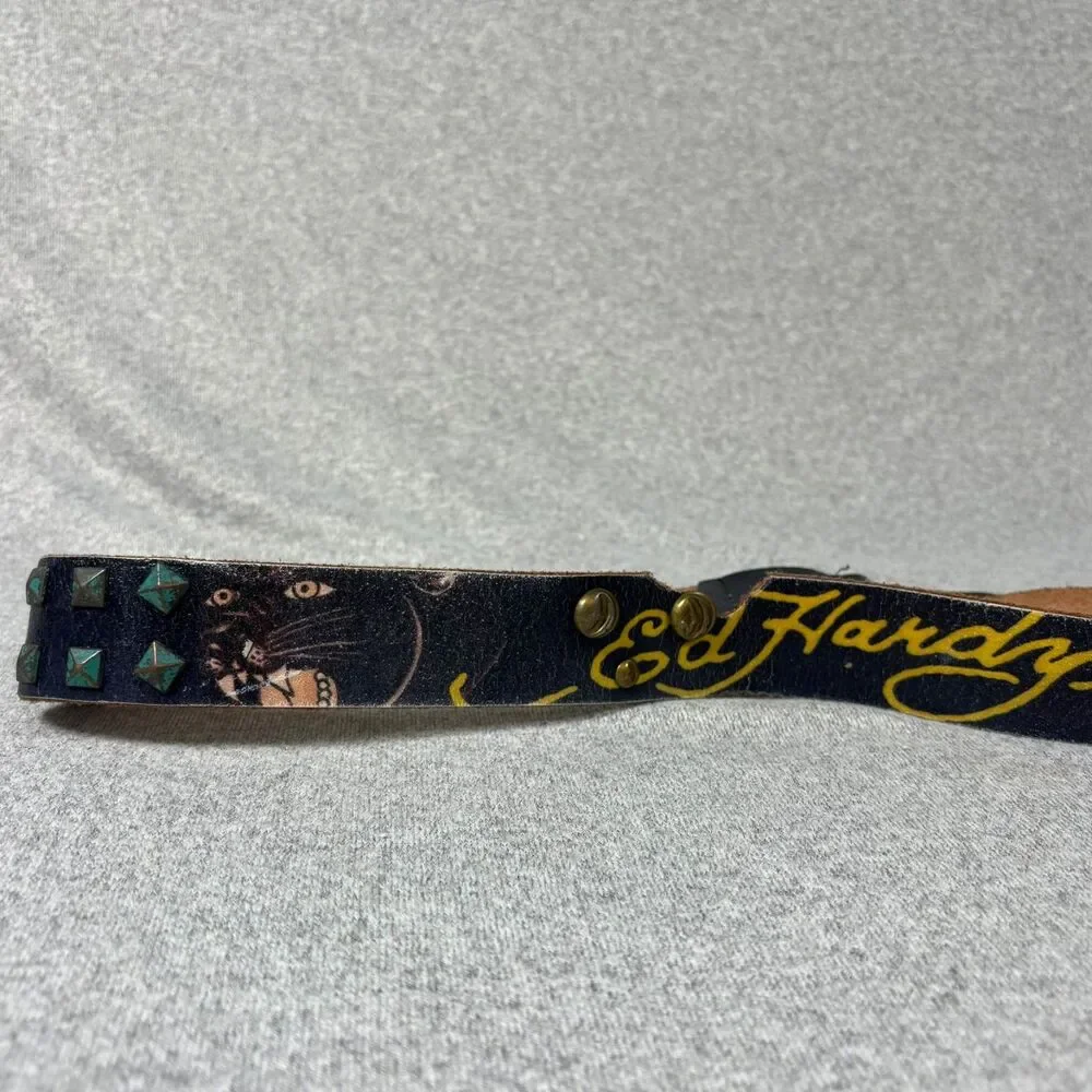 Ed Hardy Black Leather Studded Graphic Belt Skull Tiger Y2K Punk Rock